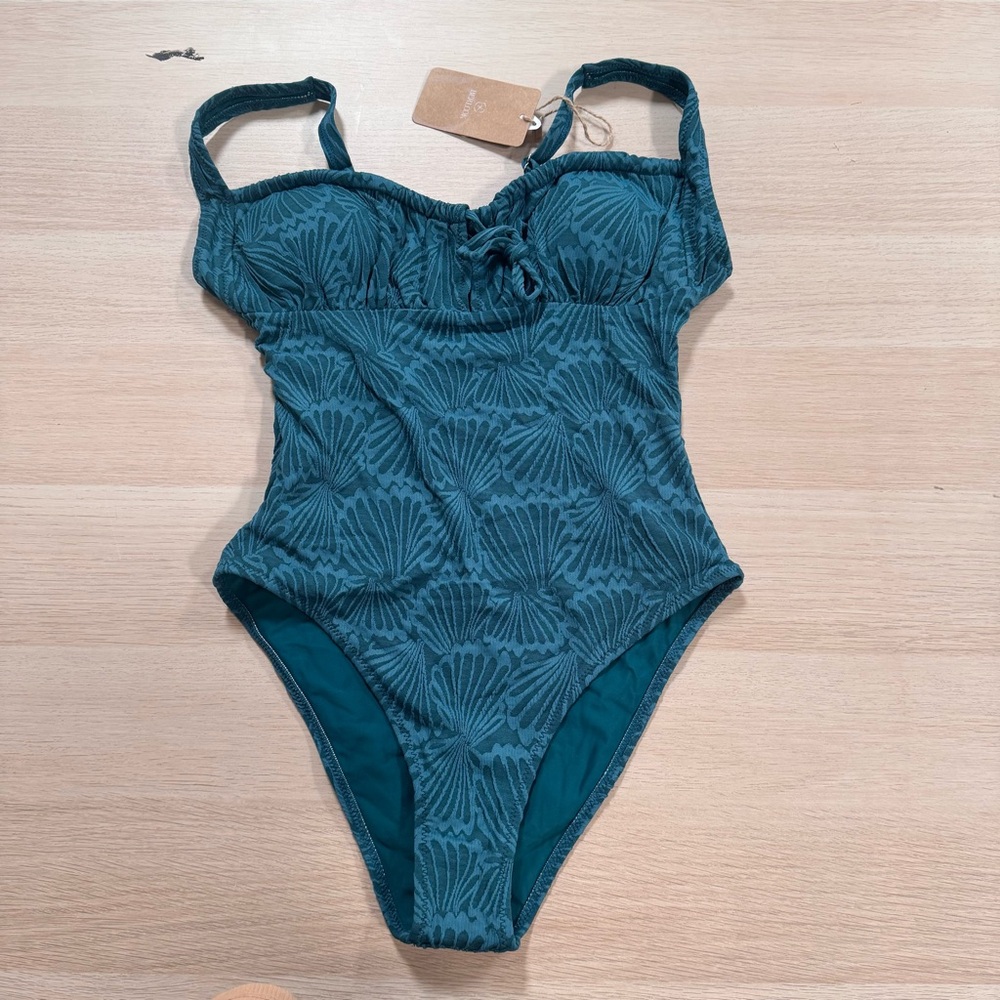 Teal Textured One-Piece Swimsuit with Shell Pattern